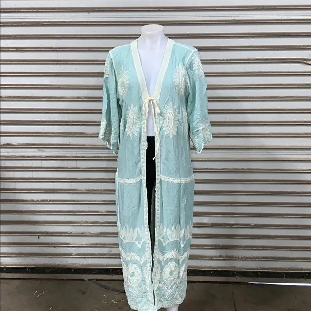Long Sage kimono long sleeve tie front embroidery